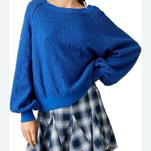 Free People Blue Textured Balloon Sleeve Oversized Sweater